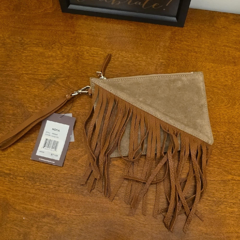 Etienne Aigner Tan Suede Fringe Wristlet